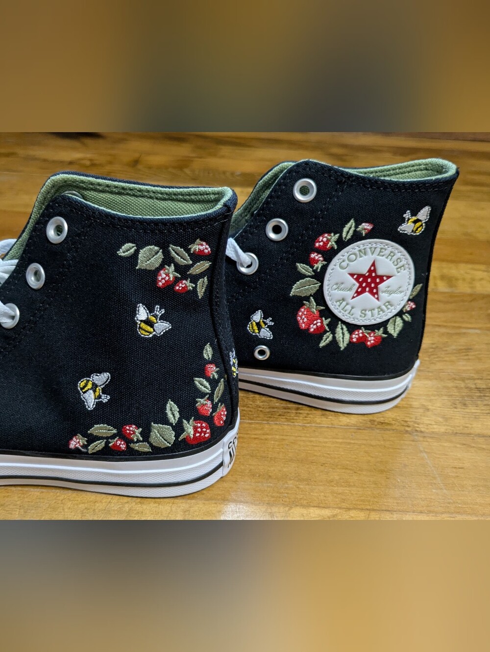 Converse Black High-Top Sneakers with Strawberry & Bee Embroidery - Picture 7 of 8